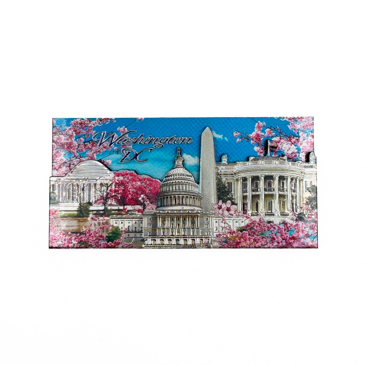 A rectangular printed sign or plaque featuring a colorful Washington, D.C.