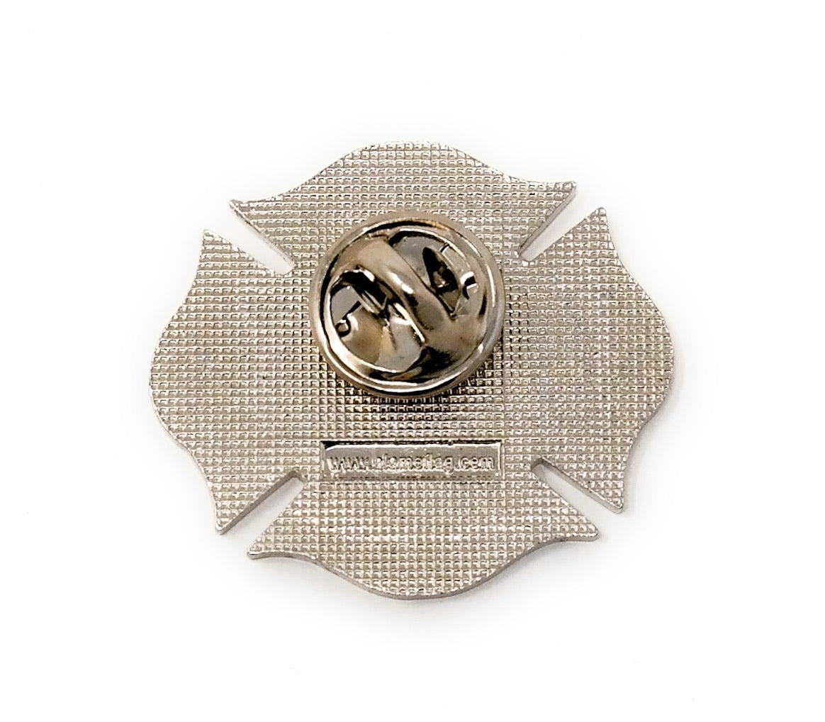 9/11 September 11, 2001 Collectible Commemorative Lapel Pin in the shape of a fire department emblem, designed with red, white, and blue American flag details. Image of the Twin Towers in the center, with the words "FDNY 9-11" in a black banner across the front. 