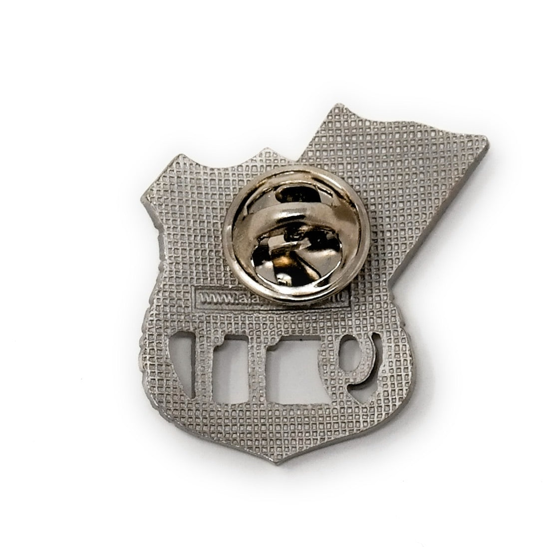 9-11 September 11, 2001 Collectible Commemorative Lapel Pin in the shape of an authentic police badge with replica detailing, made of high quality pewter metal and designed with a red, white, and blue American flag in the left corner. The police badge number reads 9-11.